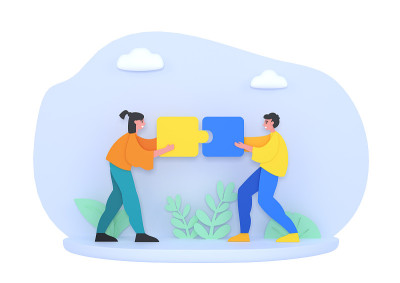 两个人结合大拼图块的3d渲染