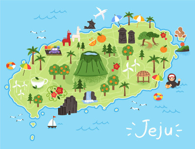 济州岛的旅游景点和路线地图。