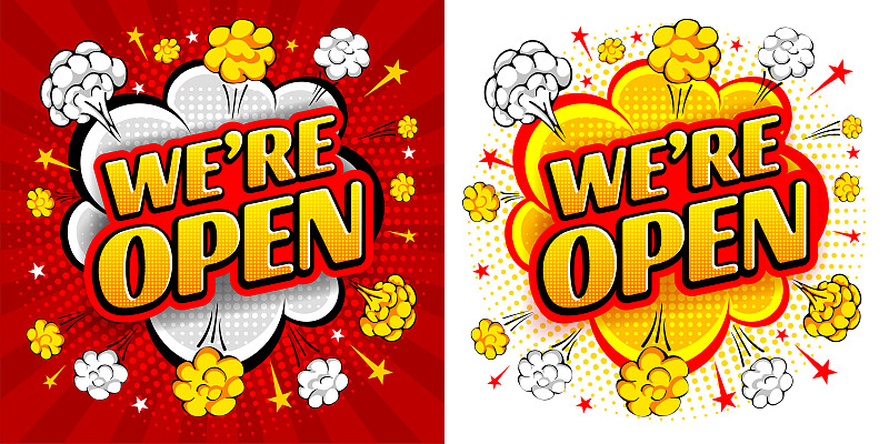 Comic Speech Bubble With Lettering We Are Open In 