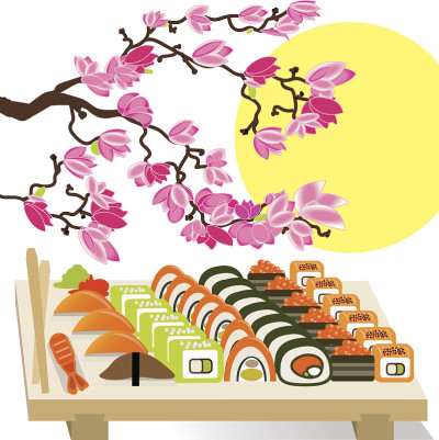 美丽的寿司日本食物在樱花树下