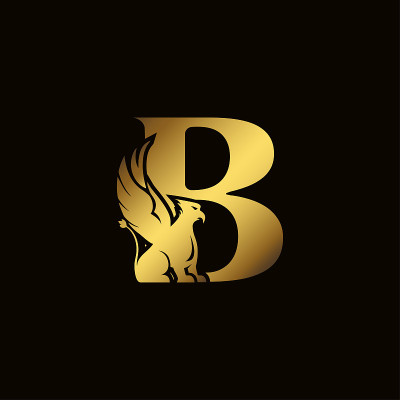 狮鹫剪影内金字b纹章象征远古神话或幻想中的野兽。创意设计元素的标志类型，徽章，字母，图标或象征的公司