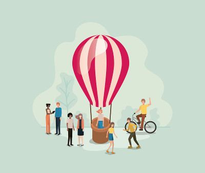 group of people with balloon air hot flying