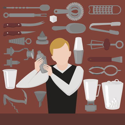 Flat Barman Mixing, Opening and Garnishing Tools. 