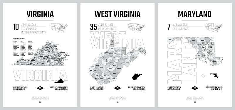 高度详细的矢量轮廓的美国州地图，把美国划分成县，政治和地理上的一个州，南大西洋-弗吉尼亚，西弗吉尼亚