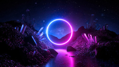 3d渲染，抽象霓虹背景，神秘的宇宙景观，粉蓝色发光环地形，圆形框架，虚拟现实，黑暗空间，紫外线光，水