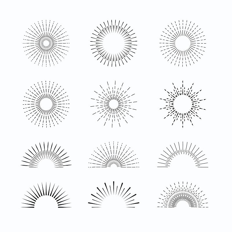 手绘的太阳爆发设置矢量插图