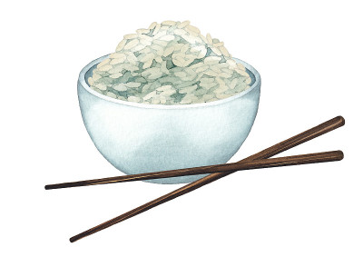 水彩碗白米配木棒