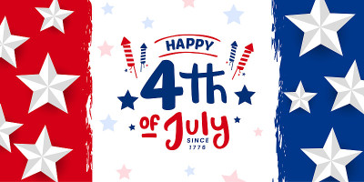 快乐的7月4日自1776年以来，美国独立日庆祝设计与红色和蓝色的画笔笔触，垃圾，复古背景与3d星星，