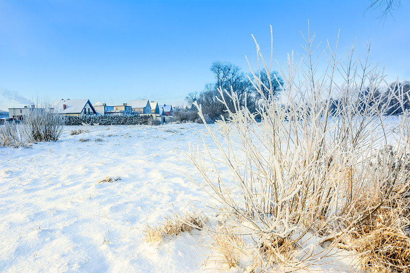 风景优美的冬季景观以雪的乡村，房子在村庄，白色的圣诞概念预览效果