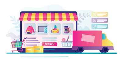 各种产品在网上商店，网上商店展示。电子商务和快速交付。购物车里有不同的商品。