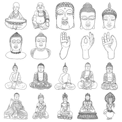 一套坐佛莲花姿势，沉思。佛画像。印度精神导师，佛教宗教领袖。瑜伽禅宗会所设计。Purnima和快乐卫