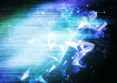 一个人以光速奔跑的三维插图，带有科学技术的概念