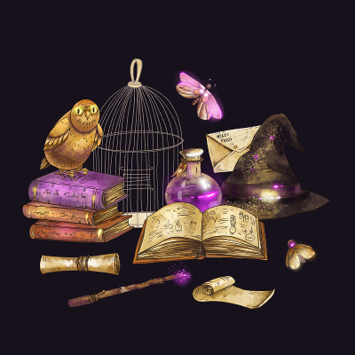 魔法学校的对象。猫头鹰，星星，月亮晶体的魔法插图