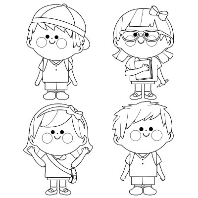 Group of children students. Vector black and white
