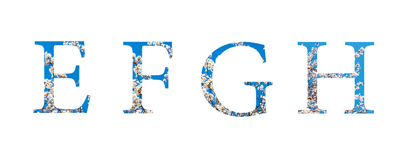 字母e, f, g, h由春天的花朵组成。