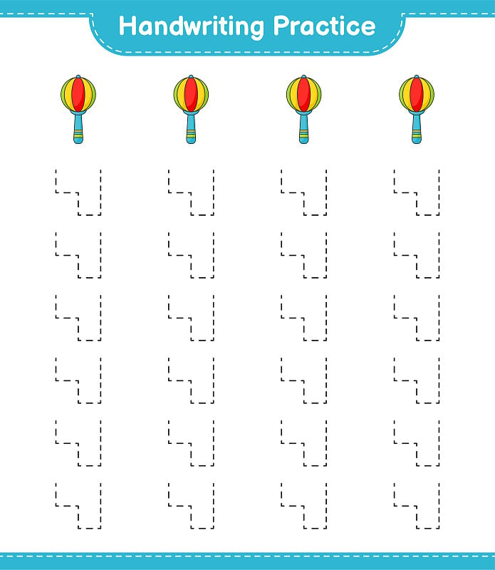 书法练习。描摹婴儿拨浪鼓的线条。教育儿童游戏，可打印的工作表，矢量插图