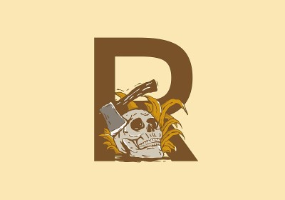 骷髅头和斧头插图与R首字母设计