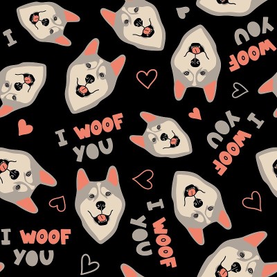 无缝矢量模式与husky脸和心脏。可爱的犬种。引用“我喜欢你“