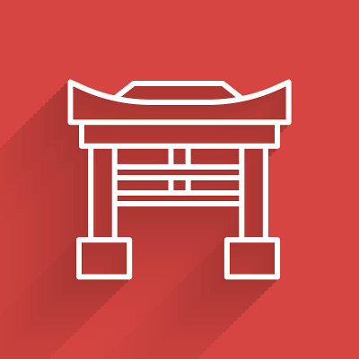 白色线日本门图标孤立与长影子。鸟居的迹象。日本传统古典大门符号。矢量图