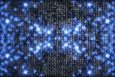蓝色矩阵数字背景。抽象的网络空间的概念。人物倒了。来自符号流的矩阵。虚拟现实设计。复杂的算法数据黑客