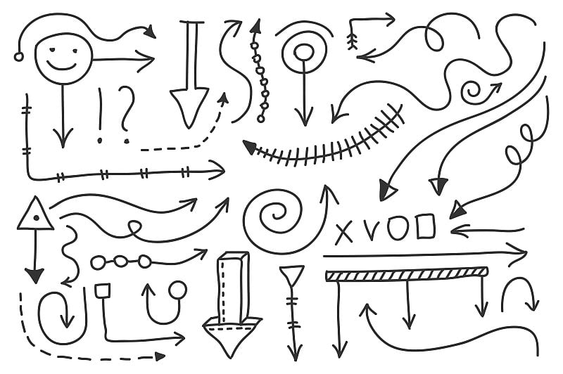矢量涂鸦箭头集。孤立的符号，设计元素