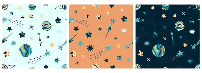 A set of vector patterns with planets and stars on