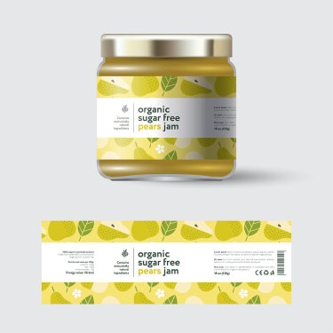 Pear jam label and packaging. Jar with cap with la