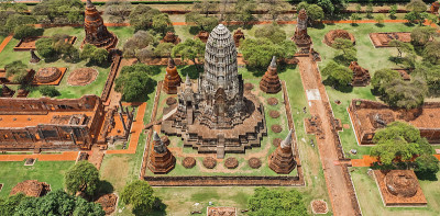 鸟瞰图大城府，Wat ratchabrana，空在冠状病毒期间，在Phra Nakhon Si大城府