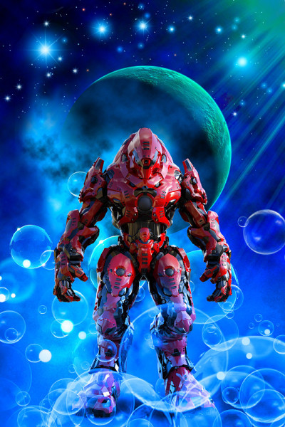 红色盔甲的外星机器人战士，3d插图