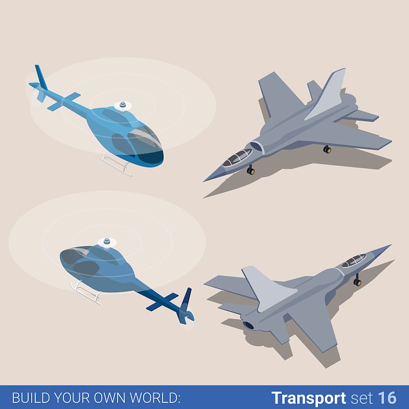 航空运输。直升机和空军战斗机。平面三维等距等距样式网站应用程序图标集概念矢量插图。有创造力的人集合。