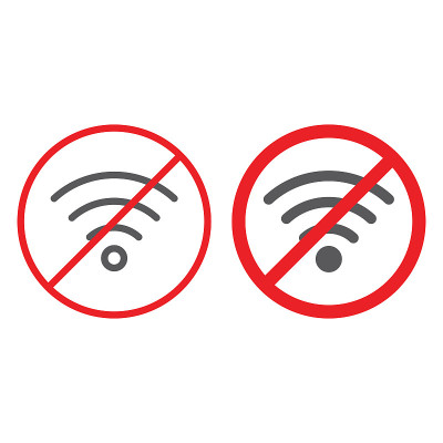 无wifi线和字形图标，禁止和禁止，禁止互联网标志，矢量图形，白色背景上的线性图案。
