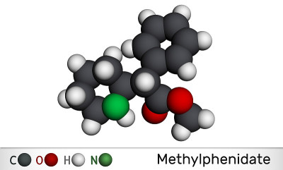 哌醋甲酯，MP, MPH分子。它是中枢神经系统兴奋剂。用于治疗注意力缺陷多动障碍，ADHD。分子模型