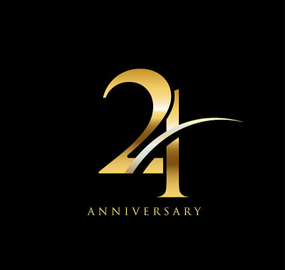 21周年高雅金象征。在黑色背景上带钩的链接数字