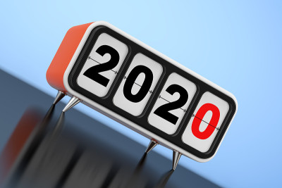 复古翻盖时钟与2020年新年标志。3d渲染