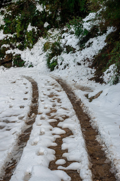 雪山覆盖的道路-雄伟的冬季景观在喜马拉雅山