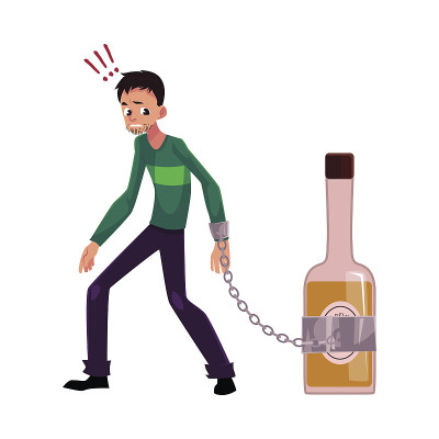 胡子拉碴的男人，手被锁在酒瓶上。酒精依赖