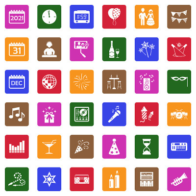 New Year Icons. White Flat Design In Square. Vecto