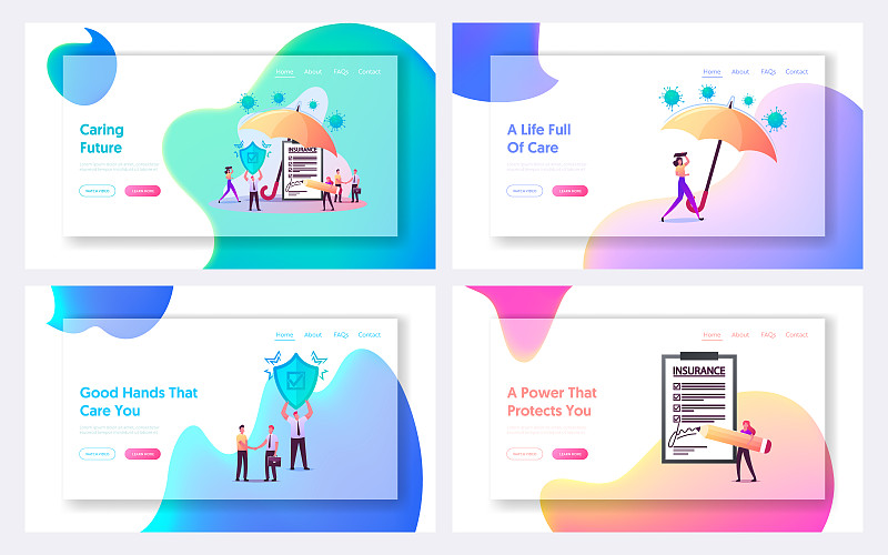 冠状病毒保险登陆页面模板集。在大保护伞下签署健康政策的小人物。人持防护盾，医疗保障。卡通人物矢量插图