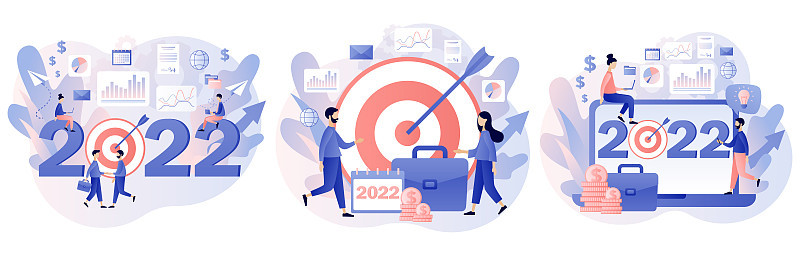 2022年新年事业目标。小个子商人计划明年的目标。领导力，成就，远见，成功。现代扁平卡通风格。矢量插
