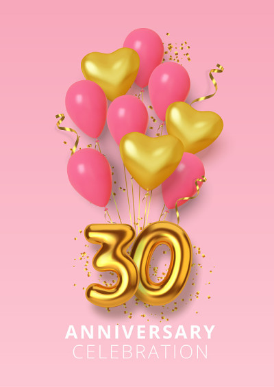 30周年庆典数字心形的金色和粉色气球。逼真的3d黄金数字和闪闪发光的五彩纸屑，蛇纹石。向量