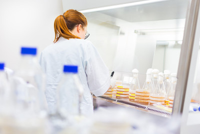 在实验室里研究的生命科学家。