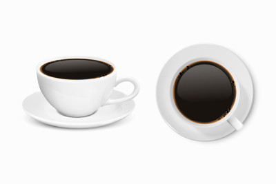 矢量3d现实陶瓷白色咖啡杯，杯子孤立在白色背景。黑咖啡。咖啡,摩卡。设计模板。前视图和俯视图