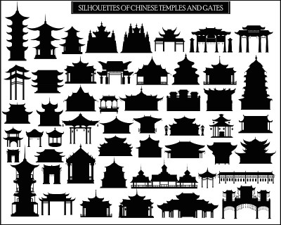 中国寺庙、大门和传统建筑的矢量剪影集。
