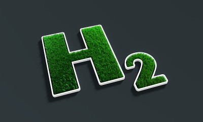 环保清洁氢能概念。新鲜的春天草地上的3d氢气图标