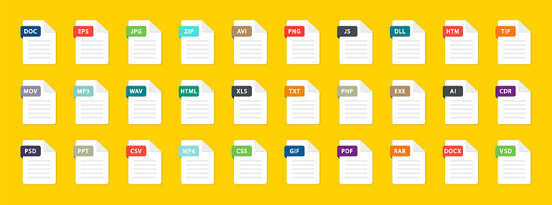 文件类型图标。大集合的pdf, doc, excel, png, jpg, psd, gif, cs