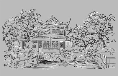 灰色中国手绘地标9