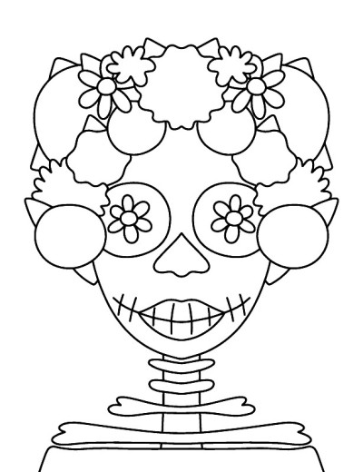 手绘的骨骼女士与花花环线性矢量插图
