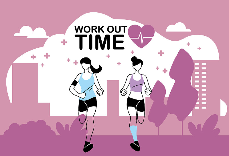 women avatars running and work out time vector des