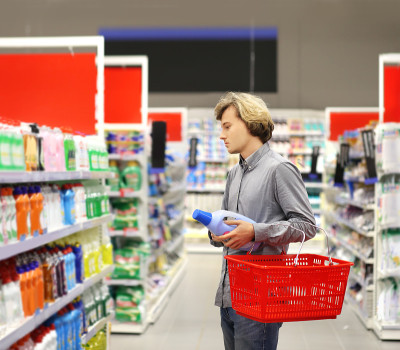 男人在超市购物阅读产品信息