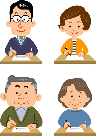 一组年轻男女和年长男女填写表格